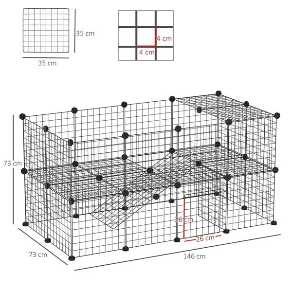 Black metal wire playpen enclosure with size measurements shown on the panels