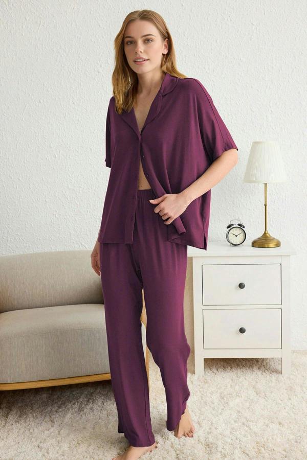Collar Button-Through Long Sleeve Relaxed Fit Pyjama Set