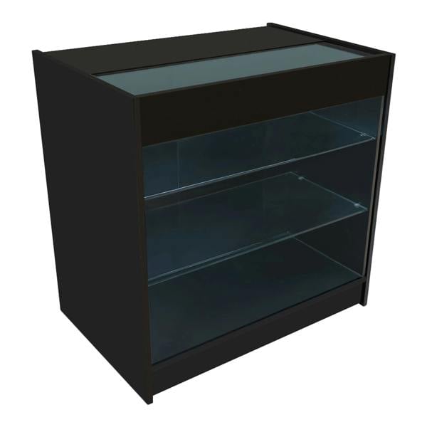 Aries LED Shop Counter Set in black, featuring a sleek design with glass shelves and a top display area for products