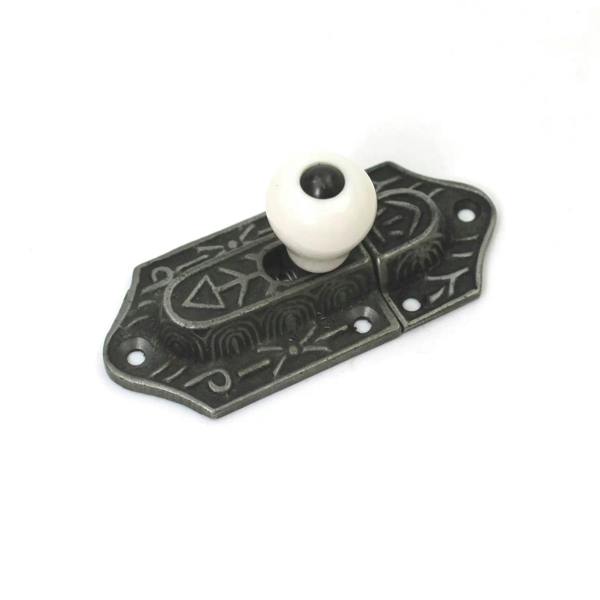 Antique Cast Iron Cupboard Door Slide Sprung Catch With Ceramic Knob