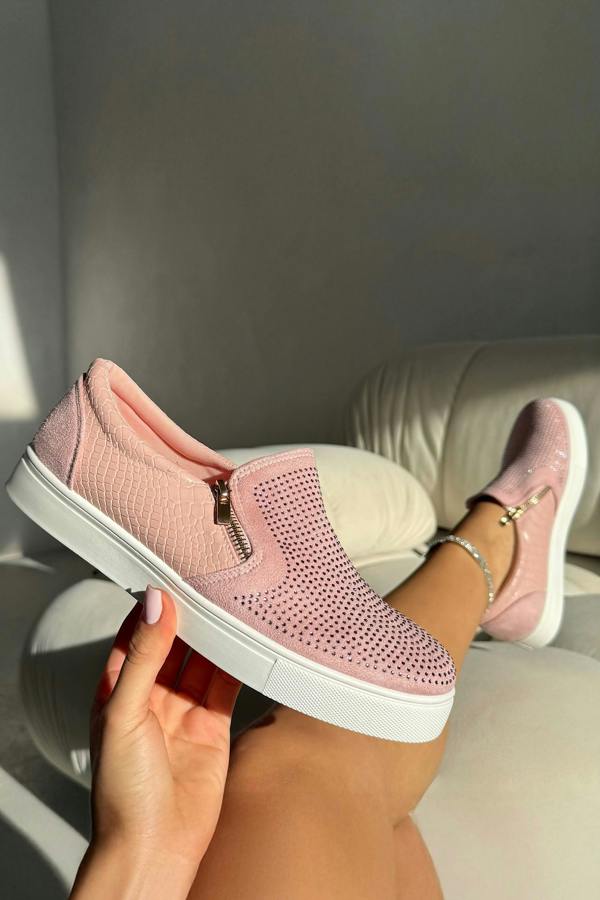 Crystal Suede Zip Pumps Pink Trainers featuring crystal-embellished