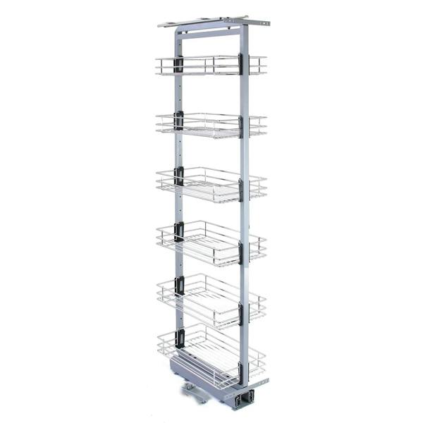 KuKoo pull-out soft close kitchen larder with six wire baskets, sleek silver frame, designed for 170-195cm high cabinets