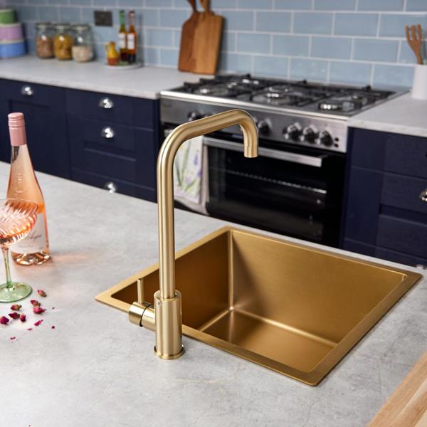 Flode Dellen | Single Lever Kitchen Sink Mixer Tap with Swivel Spout | Square Neck Design | Brushed Brass Finish