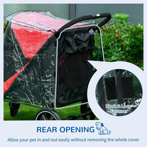 Dog stroller rain cover with rear opening and hook-and-loop fastener, red and black