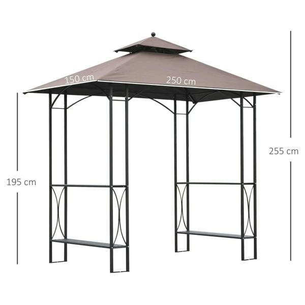 Brown patio gazebo canopy with black metal posts and peaked double-layer roof