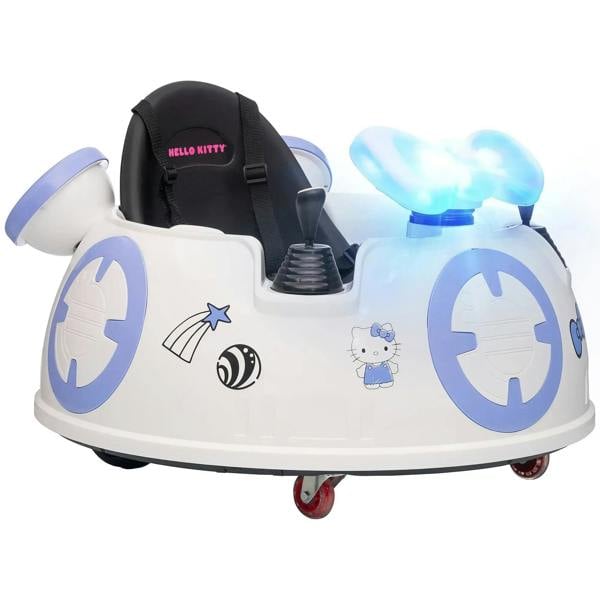 White kids bumper car with Hello Kitty graphic, black seat, blue light dome and safety belt