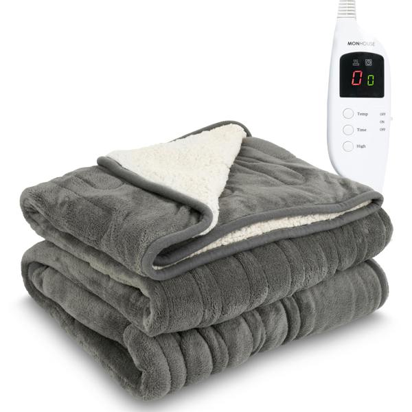 MONHOUSE Heated Electric Throw 9H Timer 9 Heat Setting Shearling Fleece Blanket