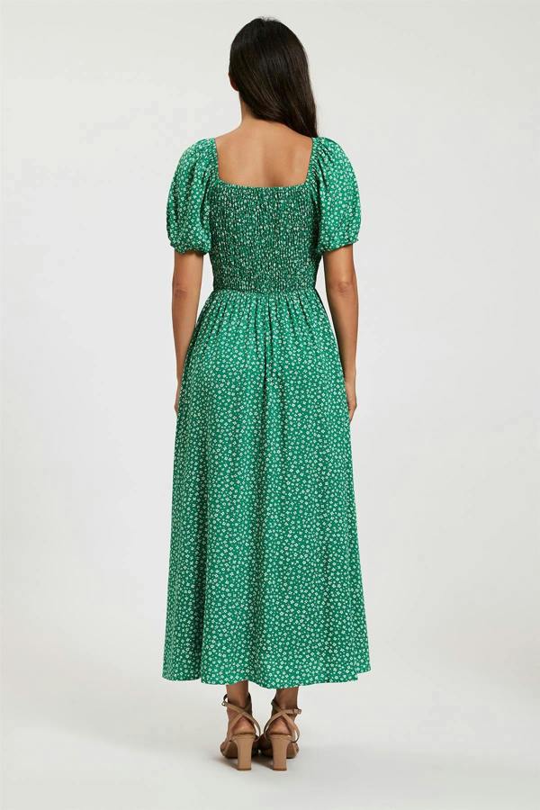 FS Collection Floral Print Short Sleeve Midi Dress In Green