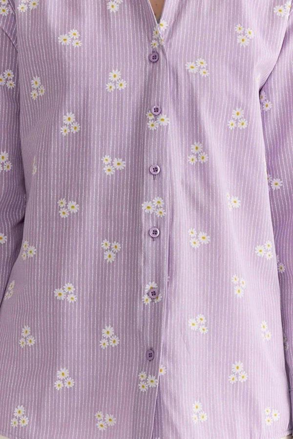 WOVCOR Striped Floral Pattern Cotton Oversize Woven Shirt