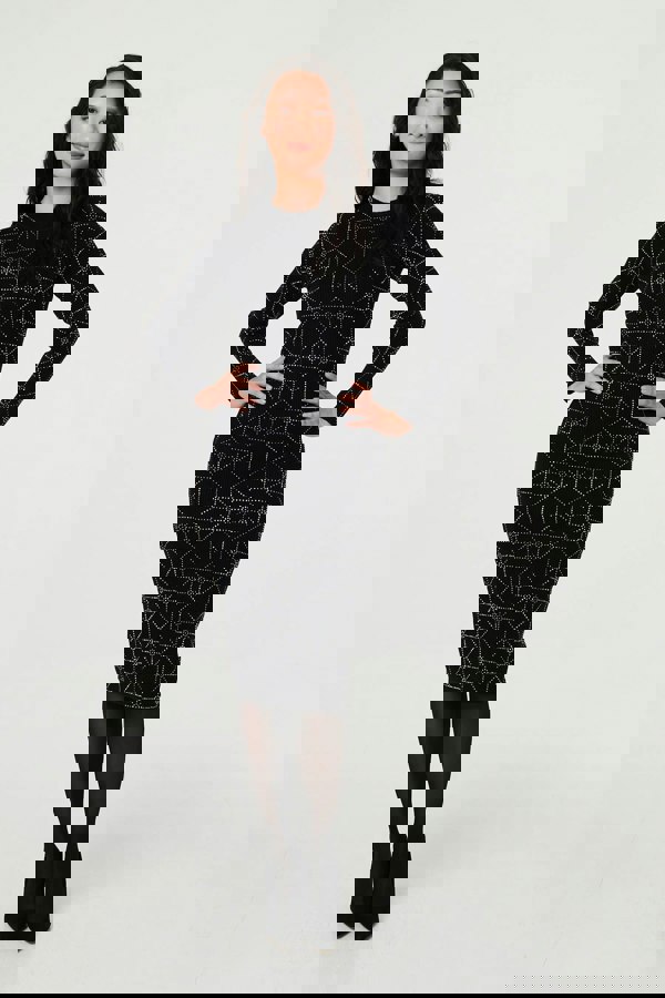 Black | Geo Diamante Detail Slim Knit Midi Dress
