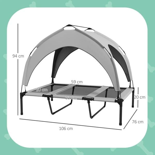 Light grey raised dog bed with canopy; 106x76x94 cm, breathable mesh platform