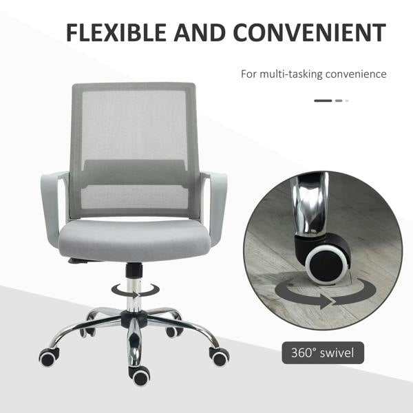 Grey ergonomic desk chair with mesh back and thick padding, 360° swivel casters base
