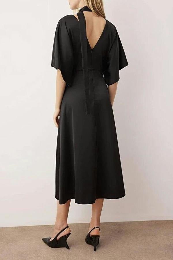 WOVCOR V-Neck Midi Woven Dress with Scarf