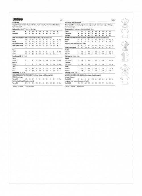 Butterick Sewing Pattern 6899, Tops for Women, B5 (8-10-12-14-16) - Easy