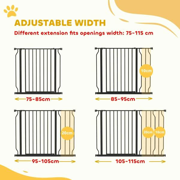 Black pet safety gate with adjustable width extension shown in multiple sizes