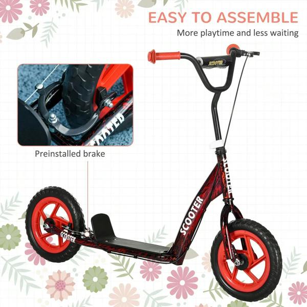 Red and black kids kick scooter with preinstalled rear brake and kickstand