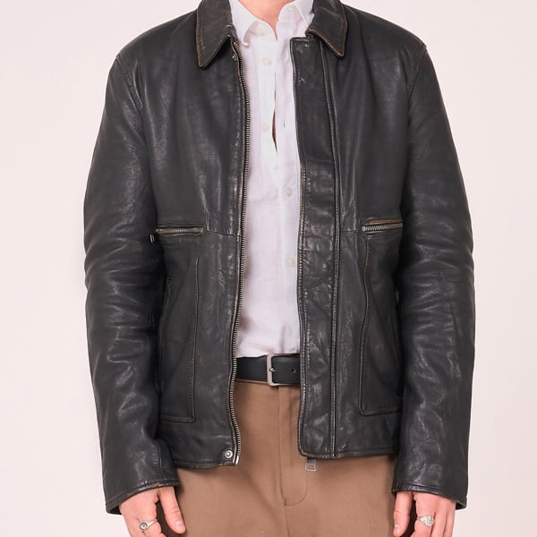 Barneys Originals Men's Vintage Style Washed Leather Trucker Jacket