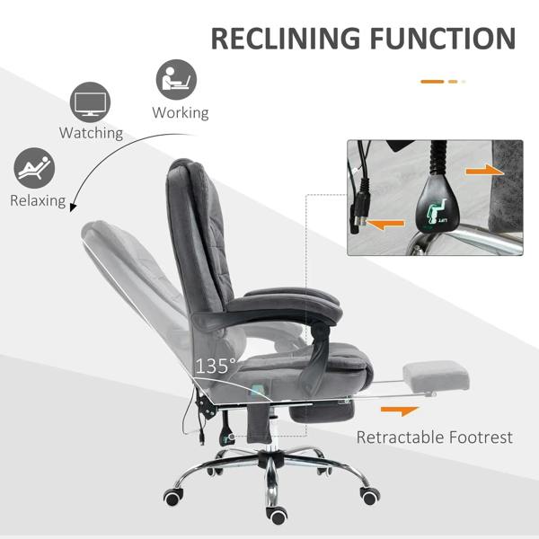 Dark grey recliner office chair at a reclined angle with retractable footrest and swivel base