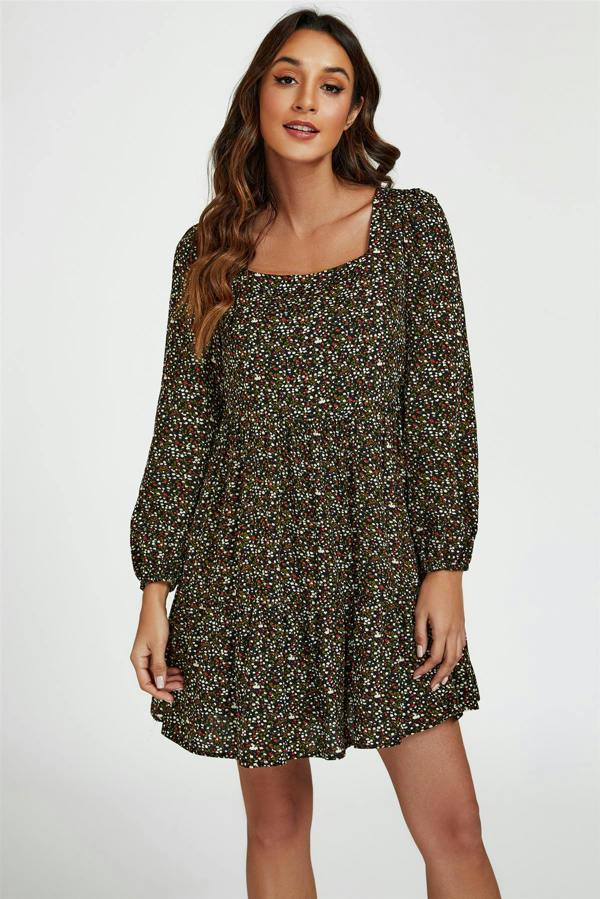 FS Collection Little Floral Print Square Neck Mini Dress In Black
