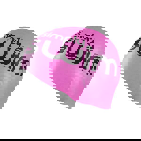 Pink high vis silicone swim cap with Simply Swim text