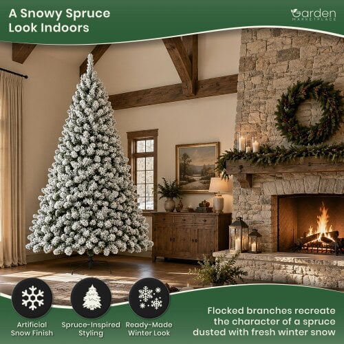 Flocked Woodcote Spruce Christmas Tree 3m – Snow Effect Tree with 2230 Tips, Hinged Branches & Metal Stand