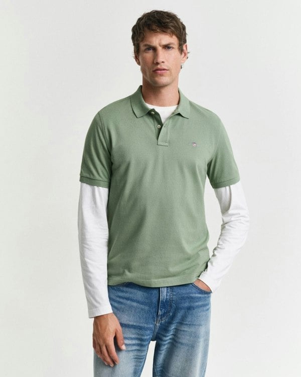 GANT Mens Regular Fit Short Sleeve Shield Logo Pique Polo - 362 Kalamata Green