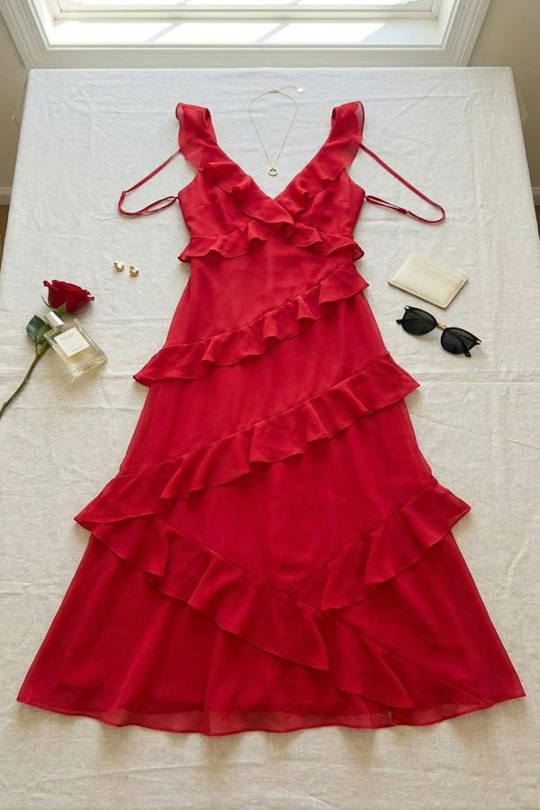 Gracie V-neck Tiered Ruffle Backless Maxi Dress - Cherry Red