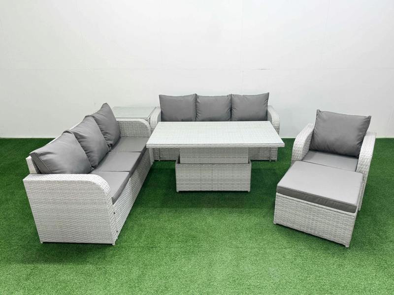 Fimous 8 Seater Poly Rattan Garden Furniture Patio Set, Adj Height Table, 3 Seater Sofas, Reclining Chair, Big Footstool, Side Table, Light Grey