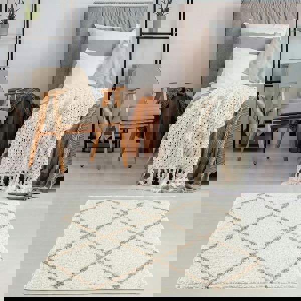 Diamond Design Thick Shaggy Area Rugs Ivory Beige