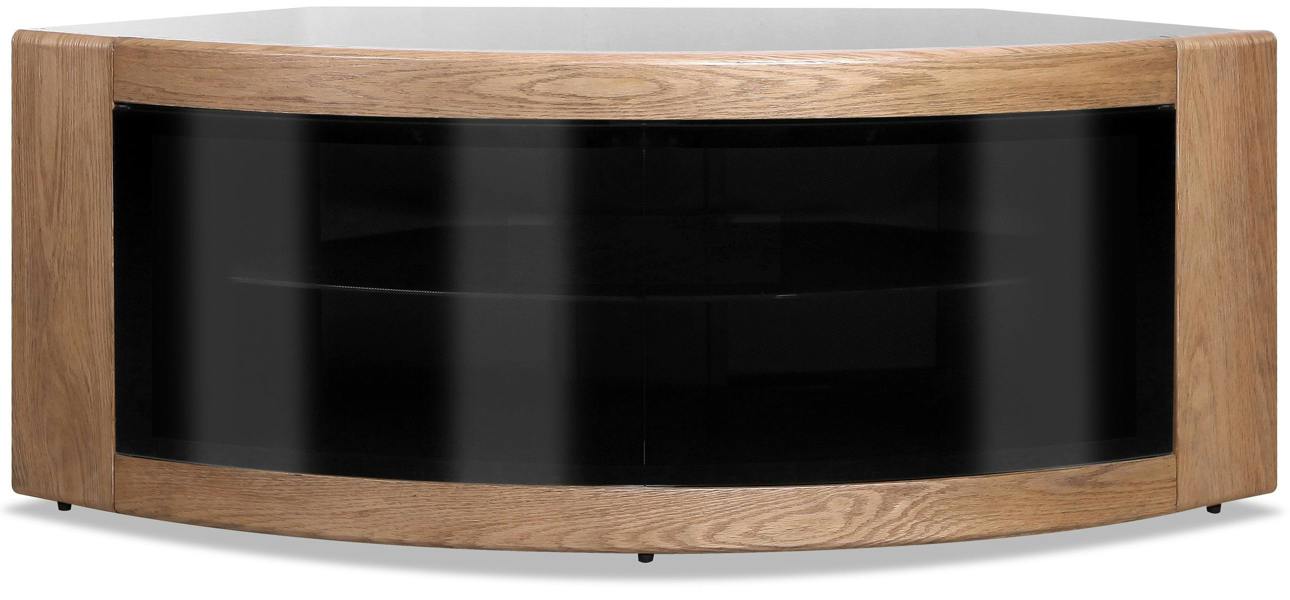 Homeology PANGEA Black Oak Beam-Thru Black Glass Curved Unit Tru-Corner 32"-50" TV Cabinet