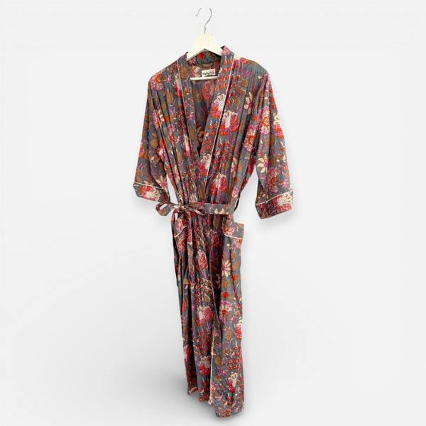 Hayley & Co Grey and Pink Block Print Flower Print 100% Cotton Dressing Gown