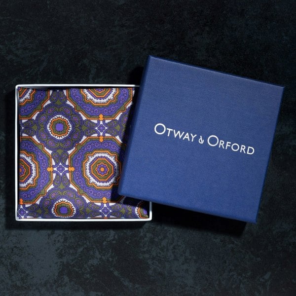 Otway & Orford 'Whirligig' medallion silk pocket square - blue, orange & green (42x42cm)