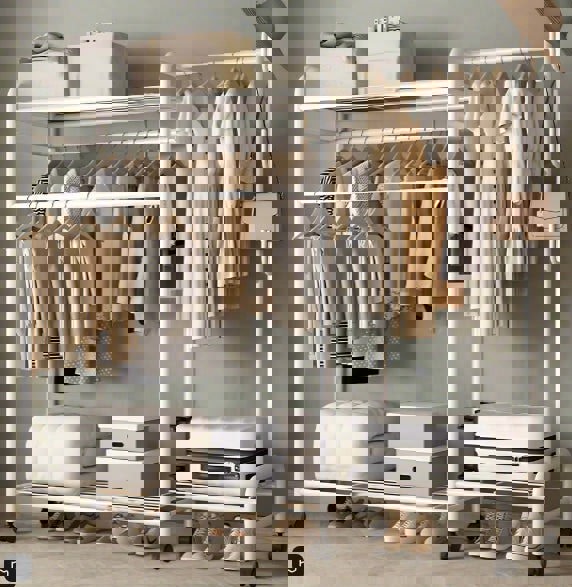 Modcraft Heavy Duty Metal Clothes Rail Rack with Double Hanging Rods, Storage Shelves & Wheels – White