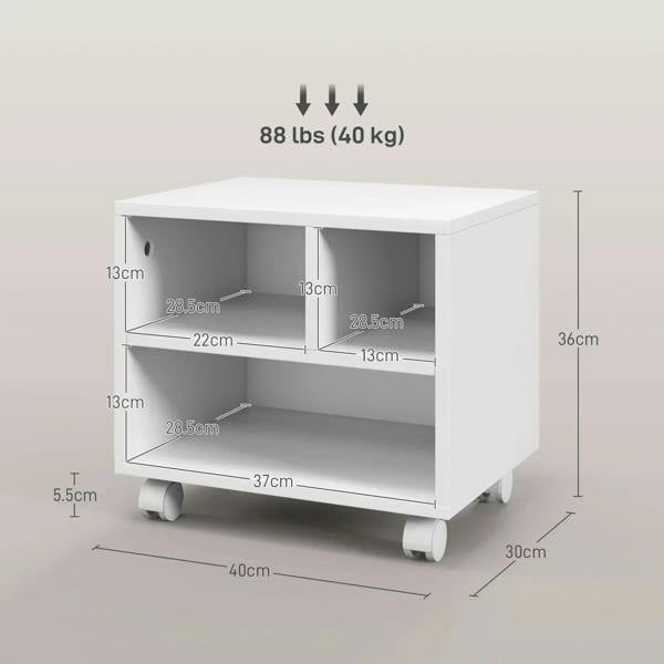 White three-compartment printer cabinet with caster wheels and internal shelf dividers