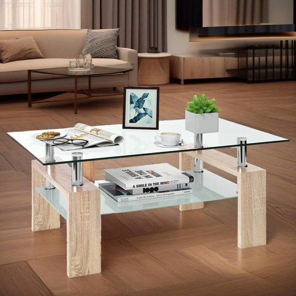 Rafaelo Mobilia 2 Tier Glass Coffee Table Oak