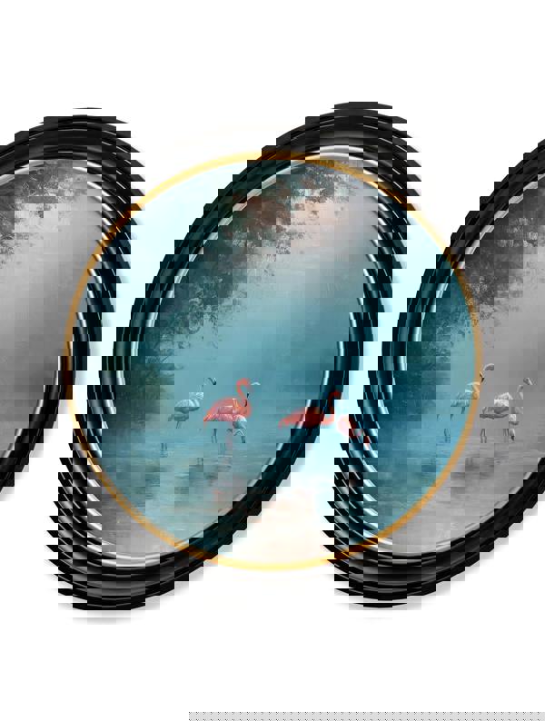 Exceptional Art Misty Lake Flamingos - Oxford round frame