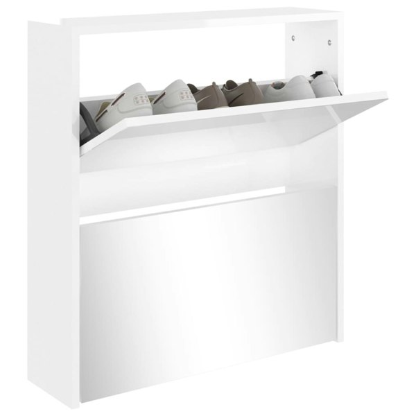Berkfield Shoe Cabinet with Mirror 2-Layer High Gloss White 63x17x67 cm
