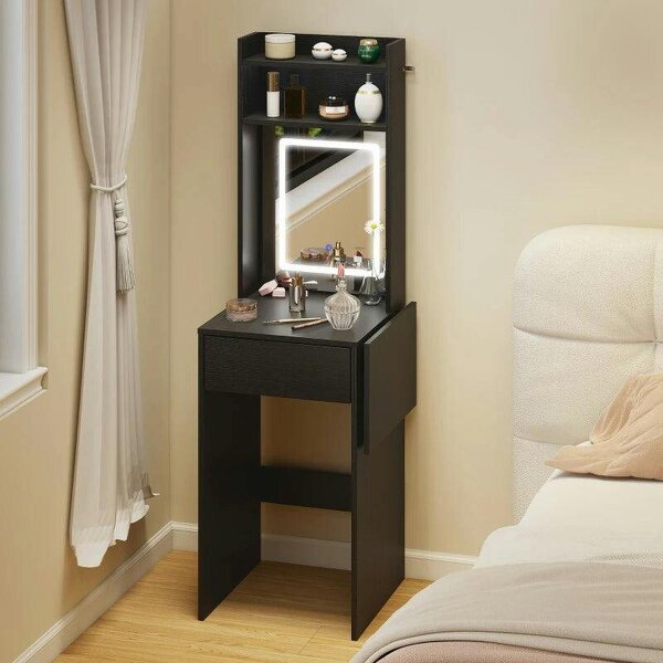 Small Vanity Desk with Mirror and LED Lights, Compact Dressing Table with Drop Leaf, Open Shelves and Drawer, Black - Black