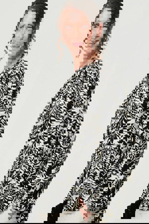 Black | Printed Long Sleeve Button Front Blouse
