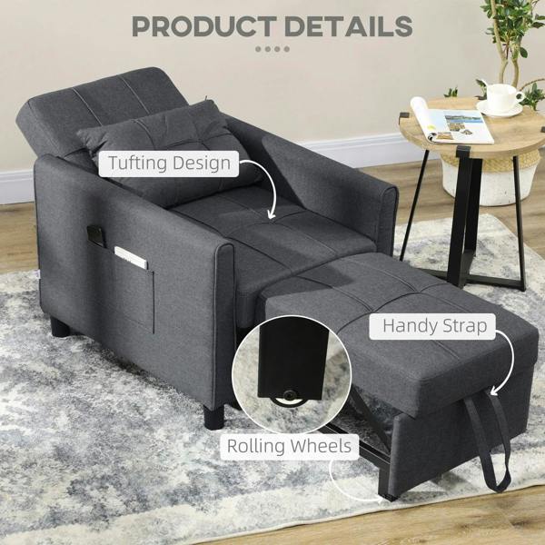 Grey sofa chair bed details: rolling wheels, handy strap, and tufting design