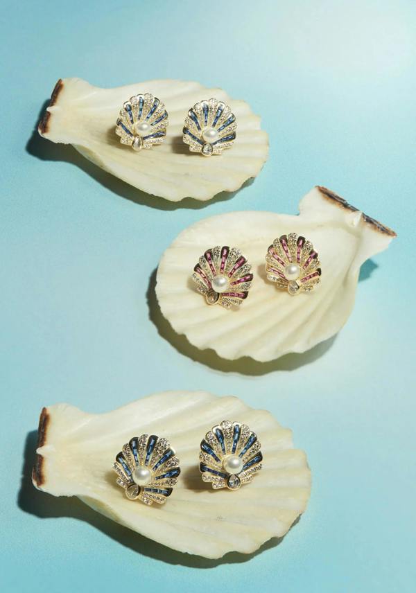 Latelita Art Deco Scallop Shell Earrings Emerald Green With Pearl Gold