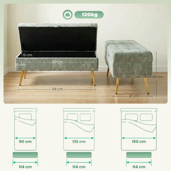 Storage Ottoman, Chenille Upholstered Ottoman Storage Box with Padded Seat, Metal Legs, 114 x 41 x 45 cm, Light Green
