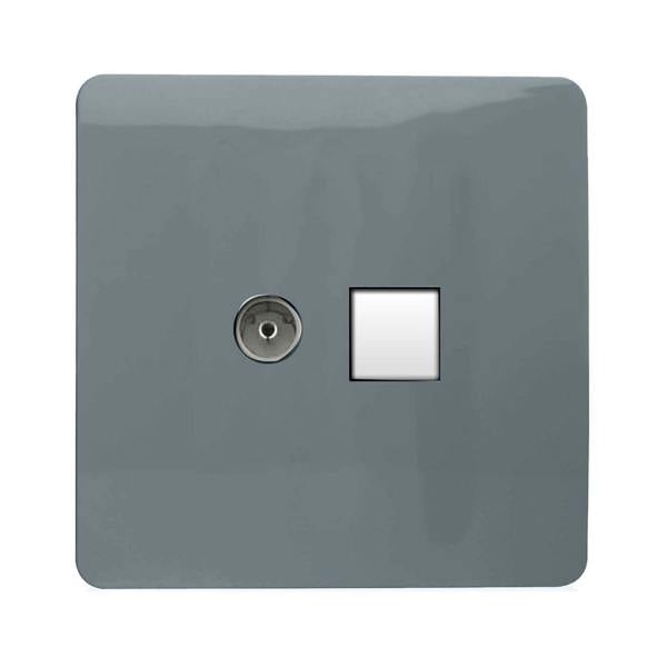 Trendi Switch 2 Gang Female TV Co-Axial & RJ45 Cat 5e PC Ethernet Sockets in Warm Grey