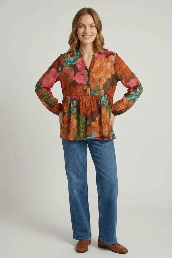 Brown | Floral Long Sleeve Relaxed V-Neck Blouse