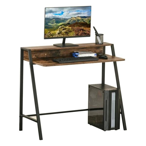 Rustic brown writing desk with two-tier shelves, black metal frame, and side storage cabinet