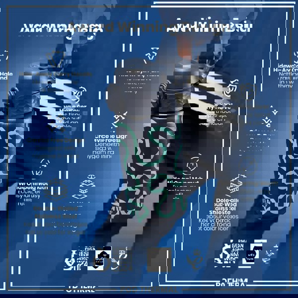 A dark-teal patterned water bottle is being held; it features a hide-away handle, a wide mouth, and a hygienic design. The bottle is double-walled stainless steel, keeping beverages hot or cold. It's an award-winning design.