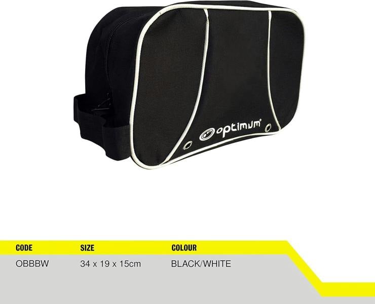 Black and white Optimum boot bag with spec table showing size 34x19x15cm, angled view on white - Optimum