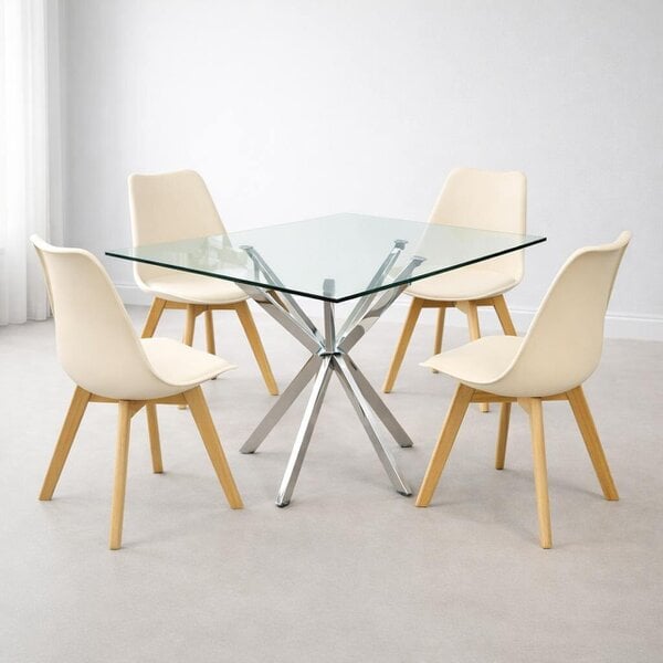 Kosy Koala Modern Rectangle Glass Dining Table Set With 4 Cream Plastic Chairs Dining Room Furniture