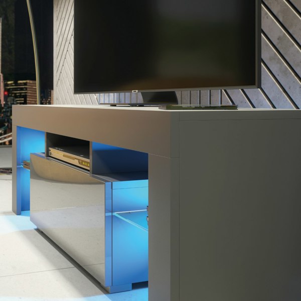 Mex Furniture 130cm TV Unit Cabinet Stand with Grey High Gloss Doors and Free LED Lights