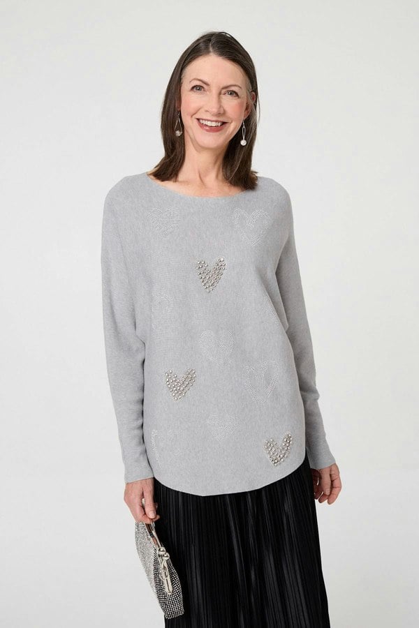 Grey | Sparkly Heart Print Long Sleeve Jumper

